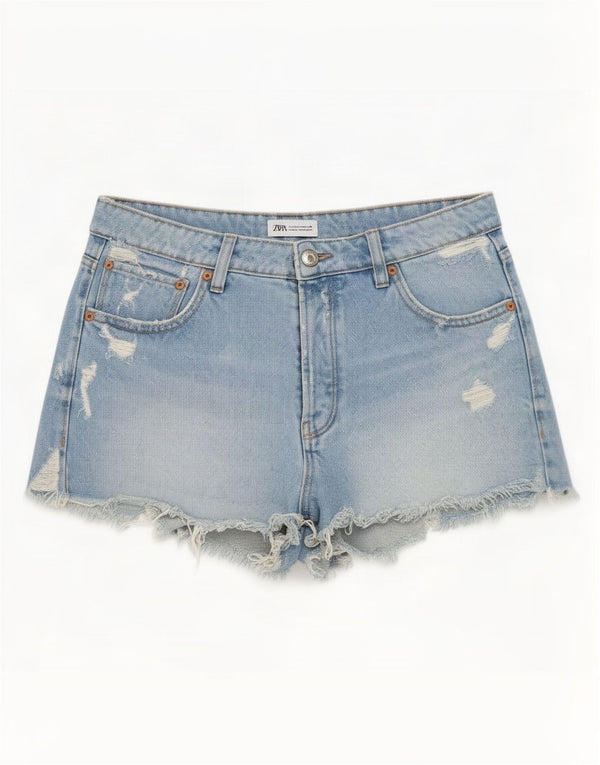 Pantaloncini di jeans invecchiati Zara da donna EU 40 medi W30 cotone blu