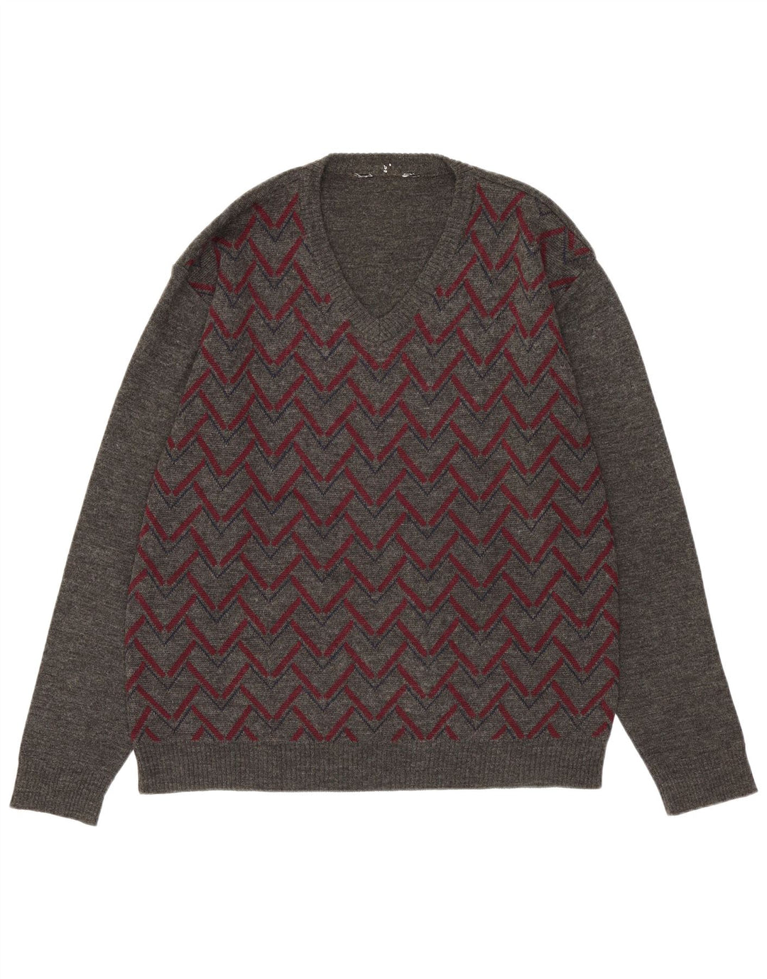 Maglione vintage da uomo con scollo a V grigio medio a rombi/acrilico diamante