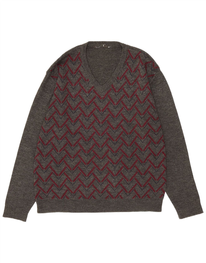 Maglione vintage da uomo con scollo a V grigio medio a rombi/acrilico diamante