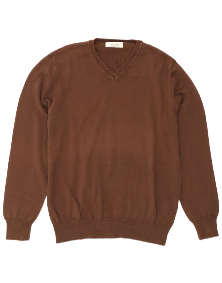 Maglione Zara da uomo con scollo a V in cotone marrone medio