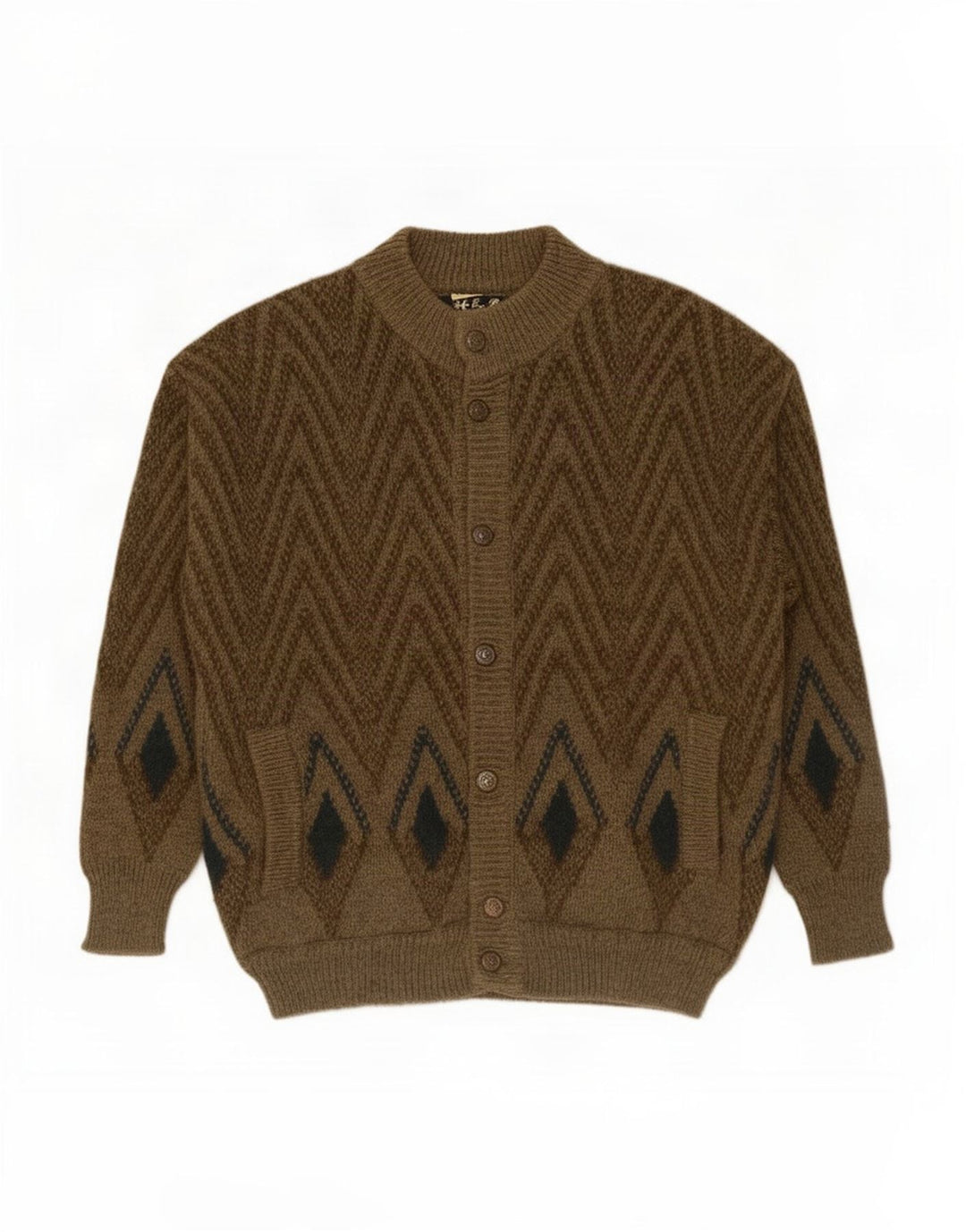 Maglione cardigan da uomo vintage in lana geometrica kaki media