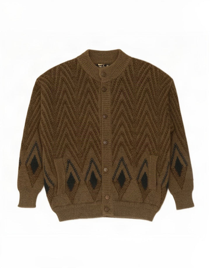 Maglione cardigan da uomo vintage in lana geometrica kaki media