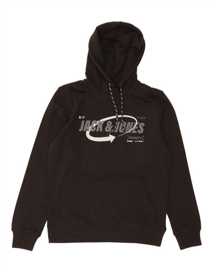 JACK & JONES Mens Graphic Hoodie Jumper Small Black Cotton Vintage Jack & Jones and Second-Hand Jack & Jones from Messina Hembry 