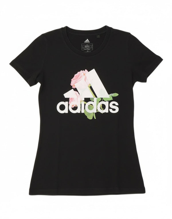 T-shirt grafica da donna Adidas Top UK 4/6 XS fiore di cotone floreale nero