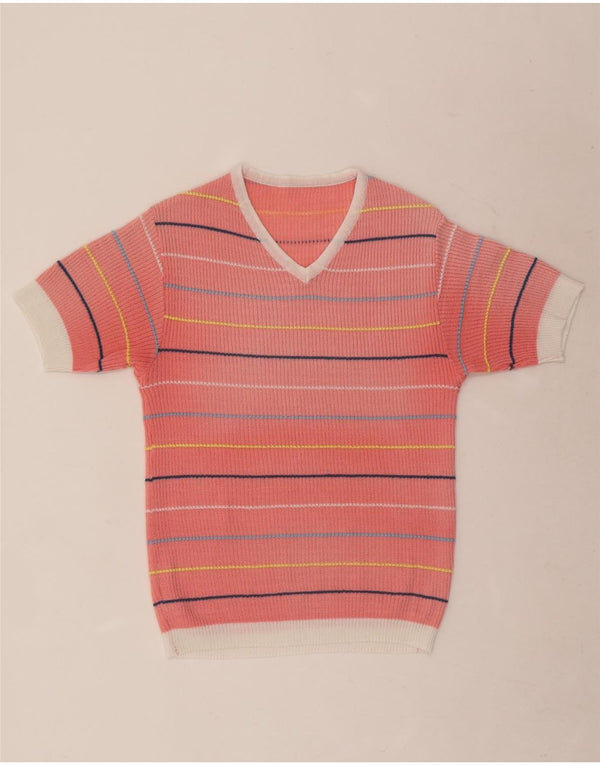 Maglione vintage da donna a maniche corte con scollo a V UK 10 piccolo a righe rosa