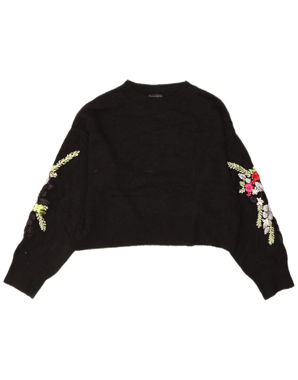 Topshop Maglione da donna con scollo a barca corto UK 10 Piccolo floreale nero