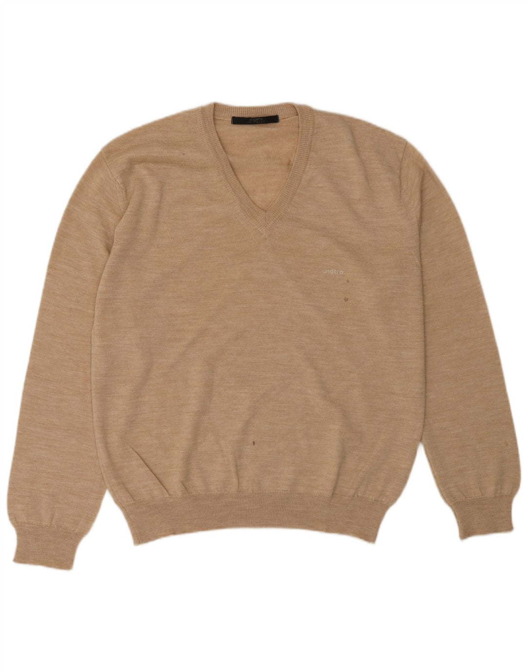 UNGARO Mens V-Neck Jumper Sweater IT 48 Medium Beige Wool