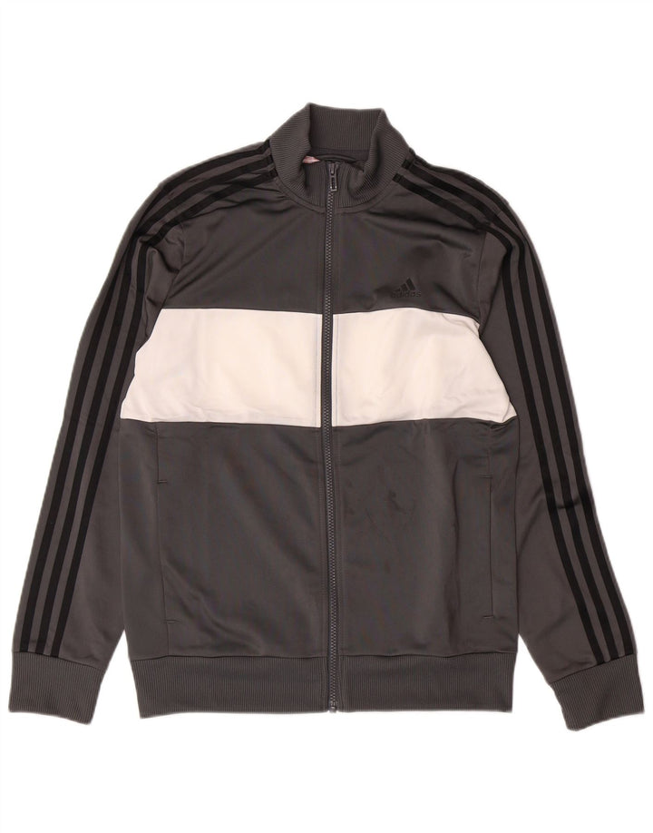 ADIDAS Boys Tracksuit Top Jacket 13-14 Years Grey Colourblock Polyester