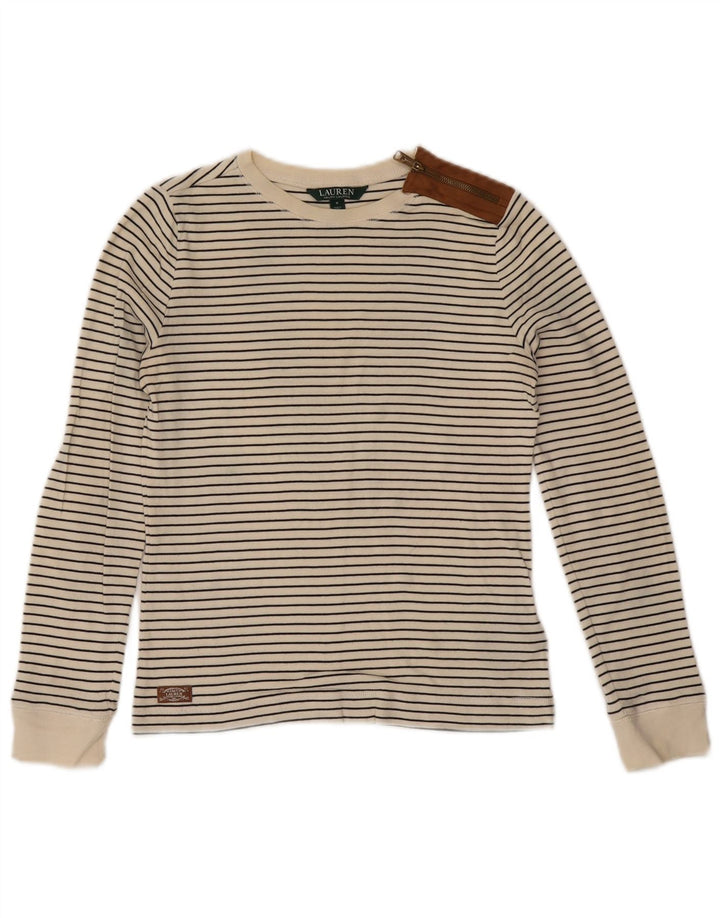 RALPH LAUREN Top da donna a maniche lunghe UK 10 piccolo cotone a righe bianche