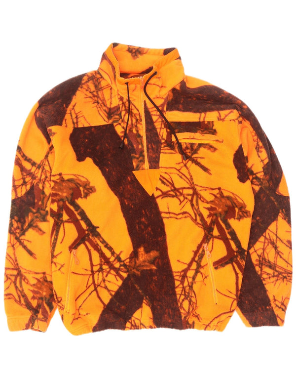 Maglione in pile vintage da uomo con zip e collo XL in poliestere mimetico arancione