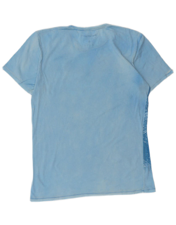 Calvin Klein Jeans T-shirt grafica da donna Top UK 10 Small Blu Cotone