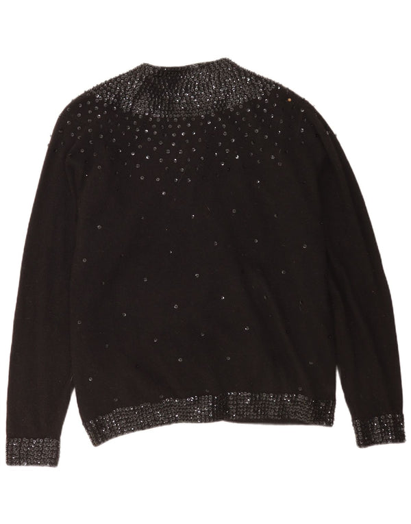 Maglione cardigan da donna vintage EU 48 2XL Lana d'agnello maculata nera