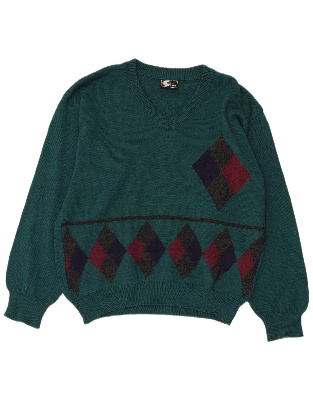 Maglione vintage da donna con scollo a V IT 50 XL Lana verde a rombi/diamante