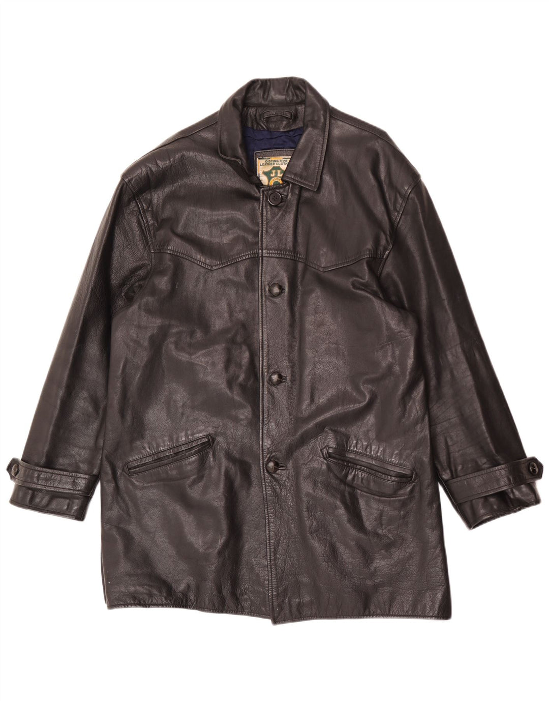 Cappotto in pelle vintage da uomo vestibilità ampia UK 38 in pelle nera media
