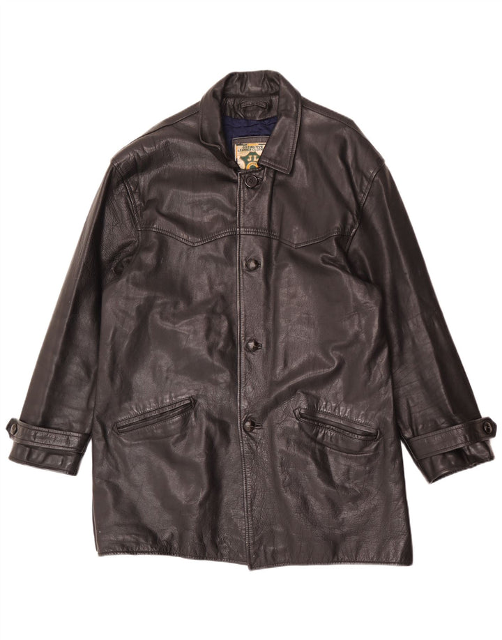 Cappotto in pelle vintage da uomo vestibilità ampia UK 38 in pelle nera media