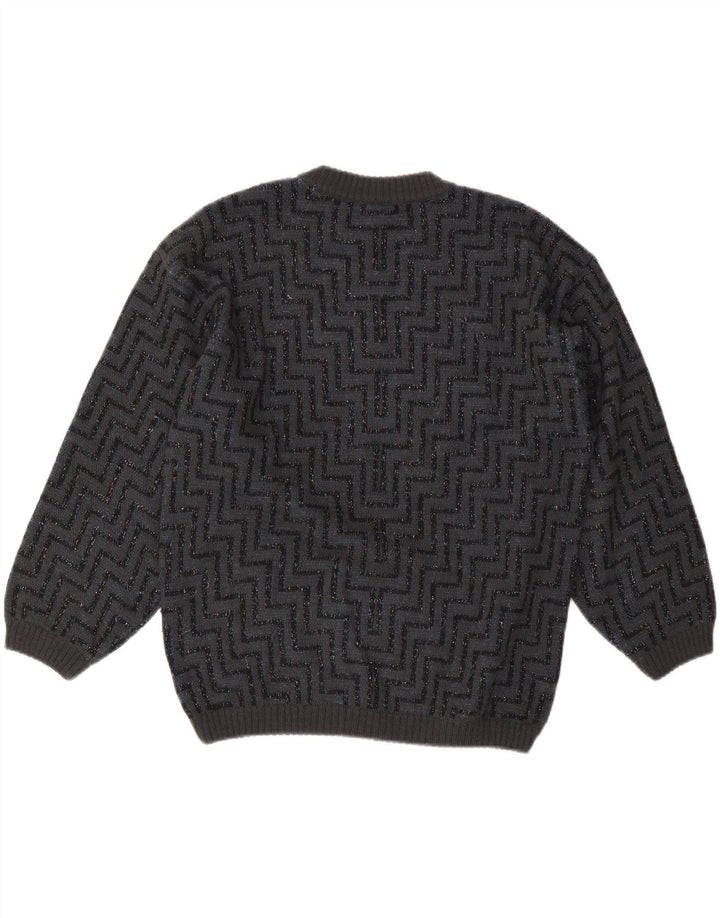 Maglione maglione girocollo da donna VINTAGE UK 16 grande lana Chevron grigia