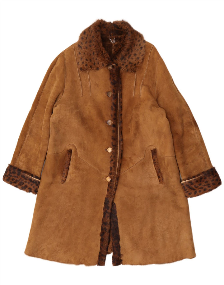 Cappotto in shearling oversize da donna vintage UK 14 con stampa animalier marrone medio