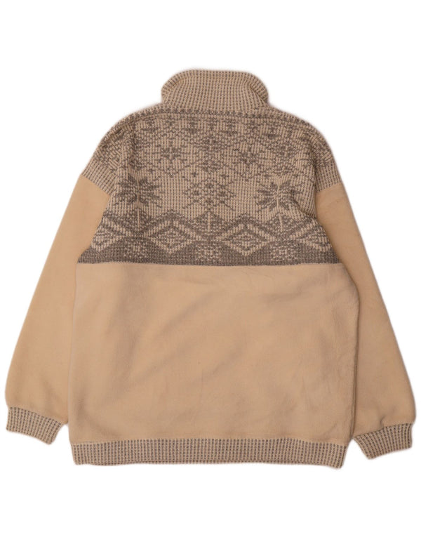 Maglione in pile vintage da uomo con zip e collo, grande poliestere Fair Isle beige