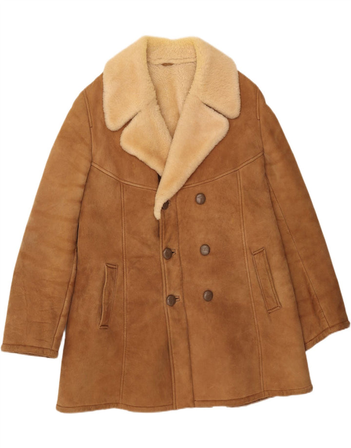 Giacca vintage in montone doppio petto da uomo IT 56 3XL Marrone
