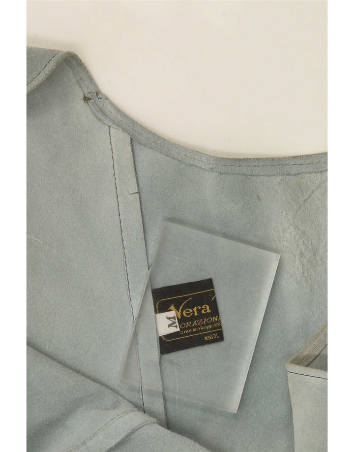 Top tunica senza maniche in pelle scamosciata vintage da donna UK 12 in pelle blu medio