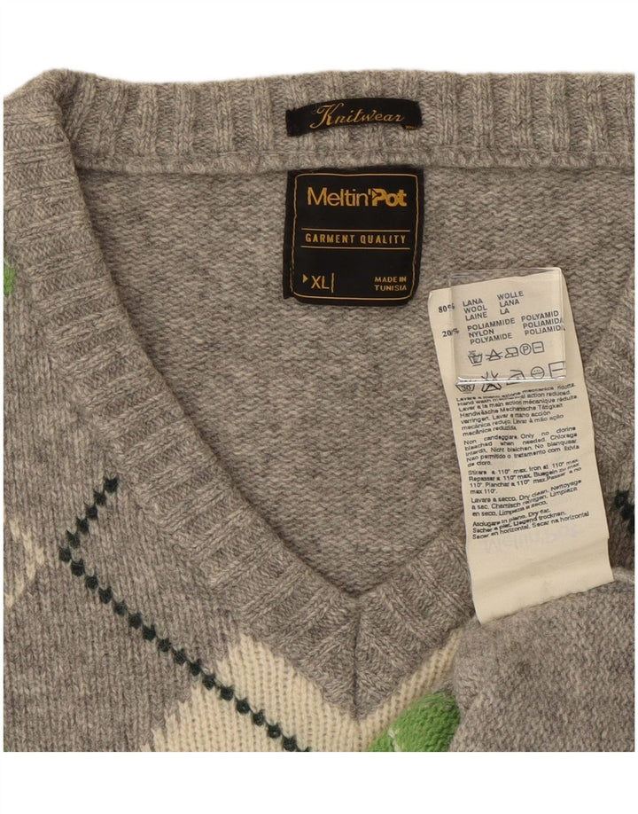 Maglione da uomo con scollo a V Meltin' Pot XL grigio a rombi/lana diamante