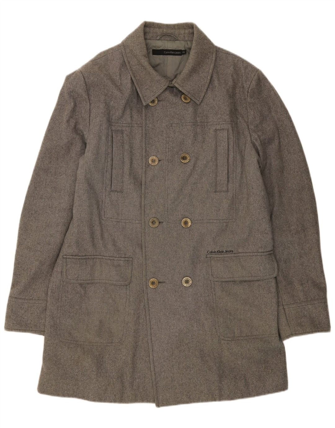 CALVIN KLEIN Mens Double Breasted Overcoat UK 44 2XL Grey