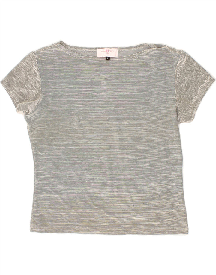 EMANUEL UNGARO Womens T-Shirt Top UK 16 Large Grey Pinstripe Polyester Vintage Emanuel Ungaro and Second-Hand Emanuel Ungaro from Messina Hembry 