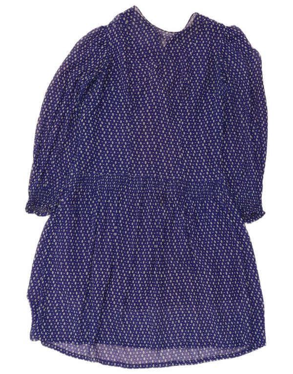 Abito a trapezio a maniche lunghe da donna vintage UK 10 piccolo blu navy maculato