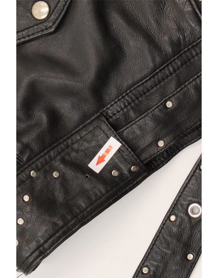 Giacca da motociclista in pelle corta da donna vintage UK 12 pelle nera media