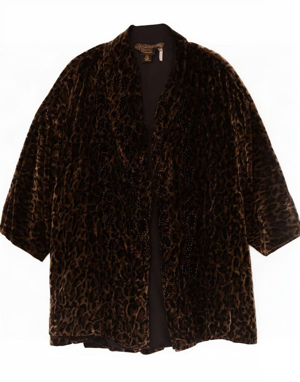 Soprabito oversize in velluto da donna vintage UK 16 grande stampa animalier marrone