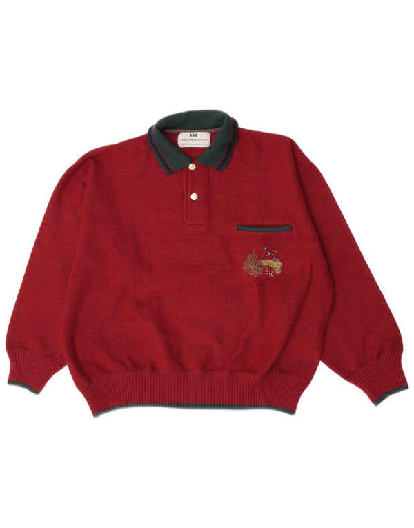 Maglione vintage da uomo con collo a polo, grande, in lana color block bordeaux