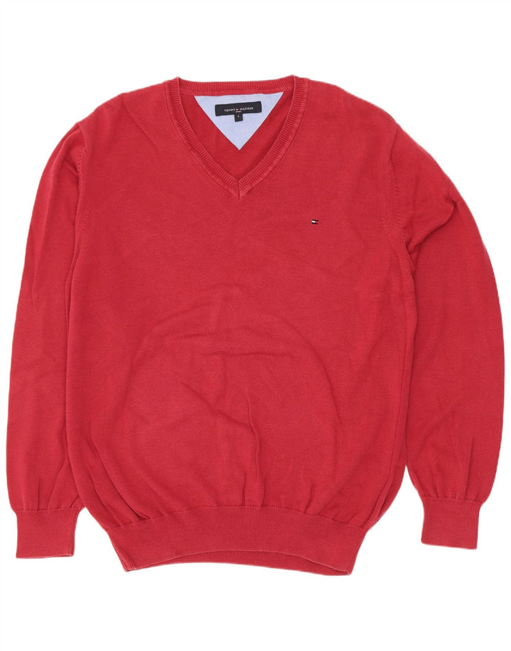 Maglione maglione con scollo a V da uomo Tommy Hilfiger grande cotone rosso