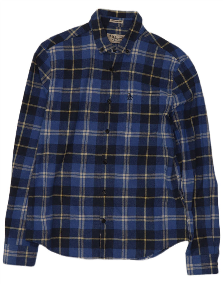 Penguin Camicia da uomo in flanella slim fit Heritage, cotone a quadri blu medio