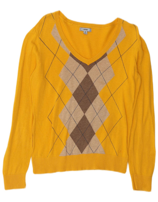 Maglione da donna con scollo a V Izod UK 14 cotone medio giallo a rombi/diamante