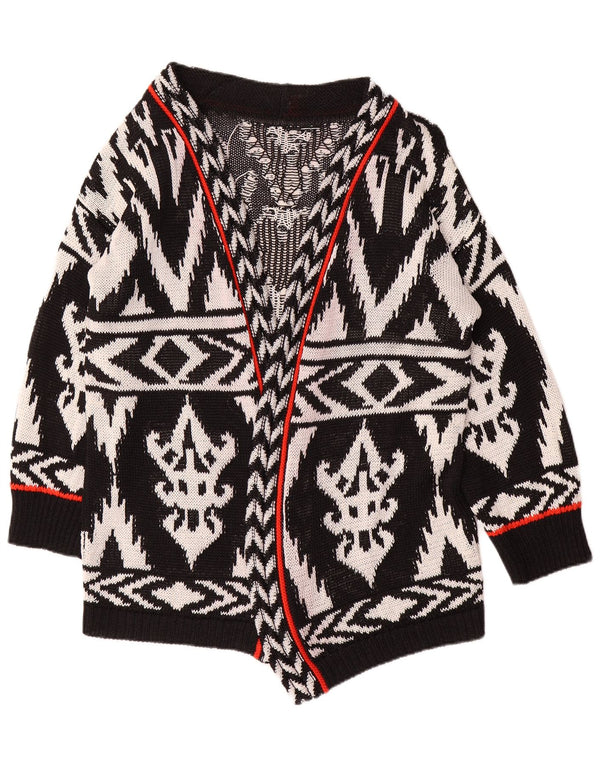 Maglione cardigan aperto con linea lunga da donna vintage UK 16 grande nero geometrico