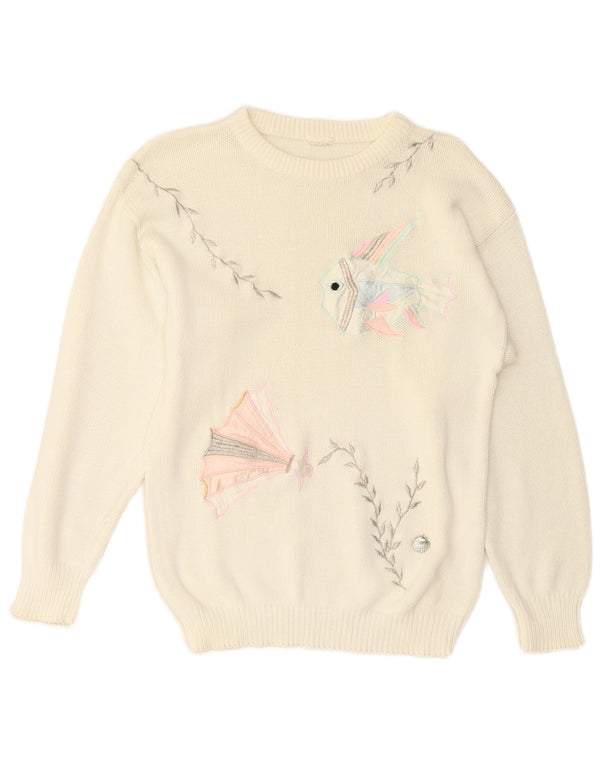 Maglione maglione girocollo da donna VINTAGE UK 14 medio bianco sporco