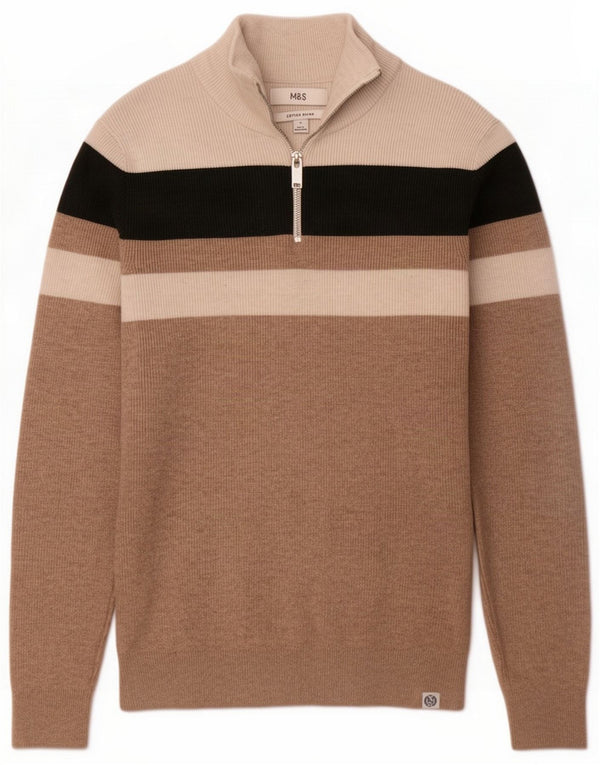 Marks & Spencer Mens Zip Neck Jumper Sweater Small Beige Colourblock