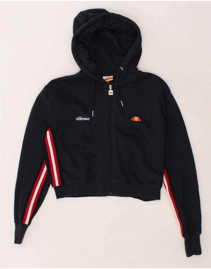 ELLESSE Womens Crop Zip Hoodie Sweater US 8 Medium Navy Blue Cotton Vintage Ellesse and Second-Hand Ellesse from Messina Hembry 