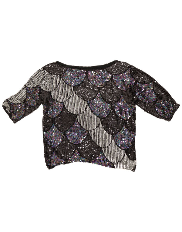 Camicetta vintage da donna corta con maniche a 3/4 UK 14 medio nero geometrico