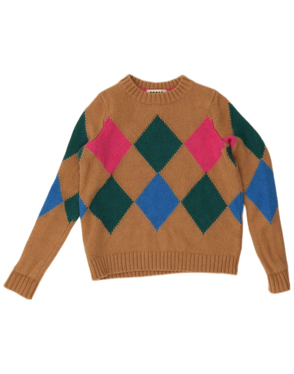 Maglione maglione girocollo corto da donna Boden UK 10 piccolo marrone a rombi/diamante