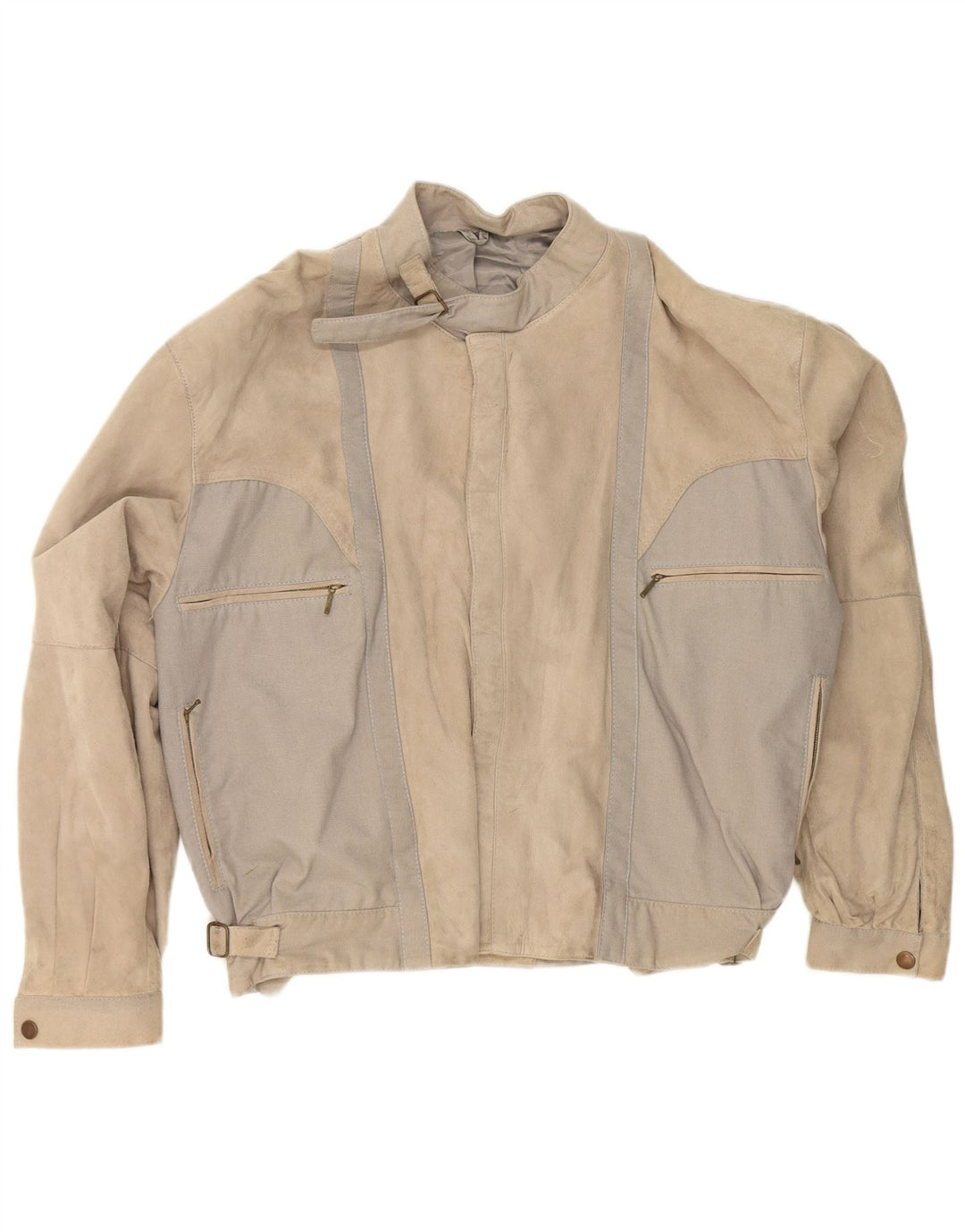Giacca da pilota vintage in pelle scamosciata da uomo IT 50 grande in pelle beige color block