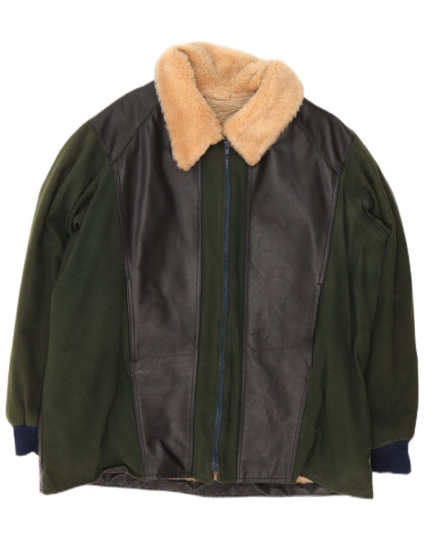 Vintage Mens Sherpa Leather Jacket UK 42 XL Green Colourblock