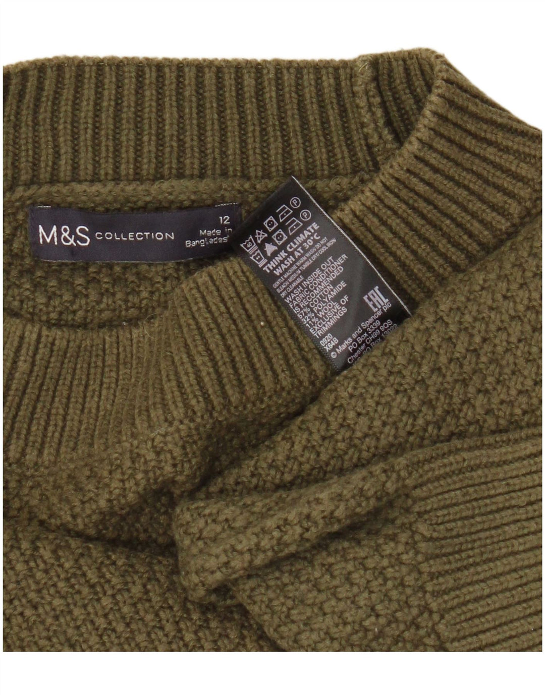 Maglione maglione girocollo da donna Marks & Spencer UK 12 cotone kaki medio