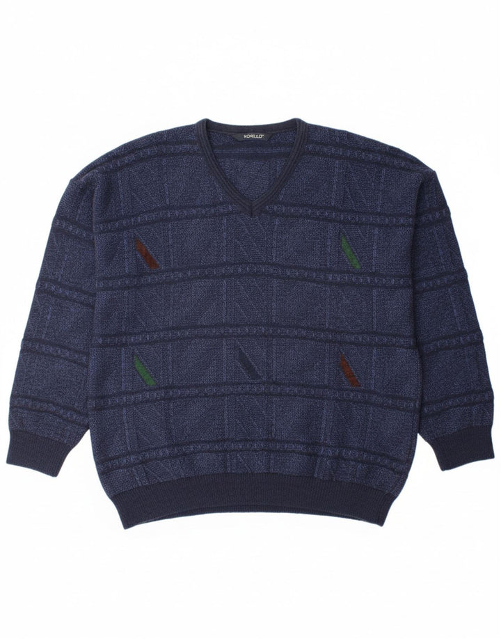MONELLO Mens V-Neck Jumper Sweater IT 50 Medium Navy Blue Geometric Wool