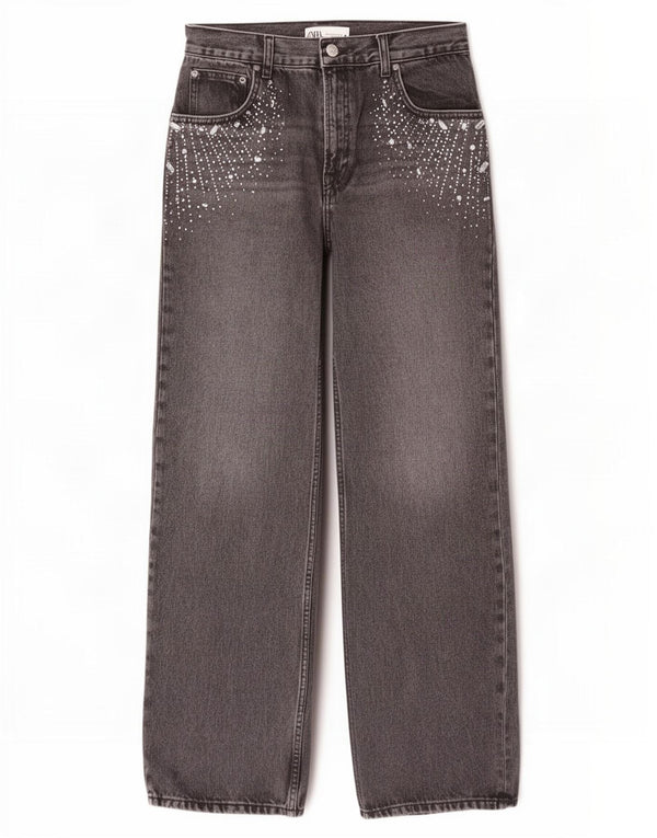 Jeans Zara da donna a gamba larga a vita alta EU 40 medio W30 L33 cotone grigio