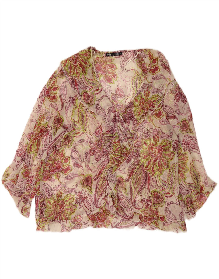 Top Zara da donna con volant sul davanti, camicetta UK 14 grande floreale multicolore