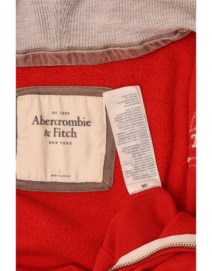 ABERCROMBIE & FITCH Maglione con cappuccio e zip grafica da donna UK 14 Large Rosso