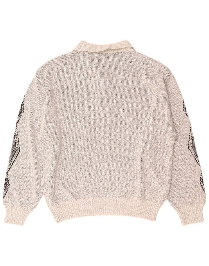 Maglione vintage da uomo con collo a polo grigio medio geometrico