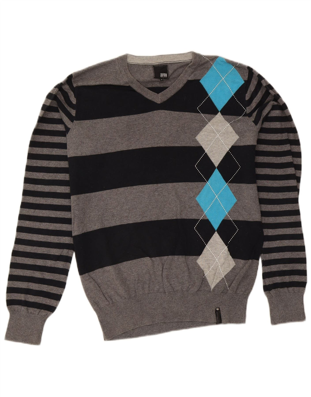 Maglione da uomo con scollo a V Jack & Jones, cotone grigio medio a rombi/diamante