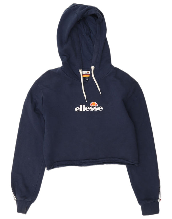 Ellesse, maglione con cappuccio grafico da donna, corto, UK 8, piccolo, blu navy, color block